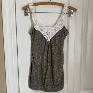 Deb Olive Green Marled Knit White Crochet Lace Camisole Tank Top XS Y2K Cottage